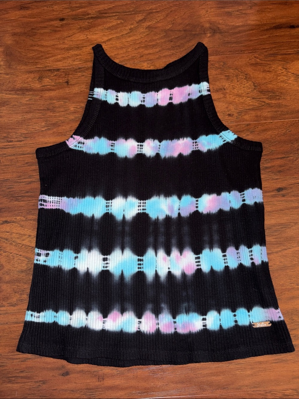 Justice Girls Ribbed Tie-Dye Tank Top - Black with Pastel Blue & Pink Medium
